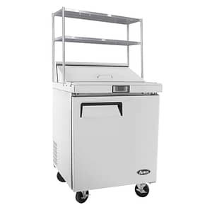 Atosa MSF8301OS 1-Door Sandwich Prep Fridge with overshelf, compact size perfect for small kitchens.