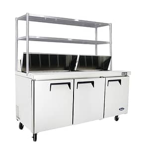 Atosa MSF8304OS 3-Door Sandwich Prep Fridge featuring overshelf & efficient refrigeration, ideal for sandwich shops and delis.