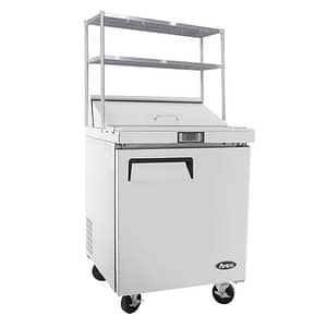 Atosa MSF8301OS 1-Door Sandwich Prep Fridge with overshelf, compact size perfect for small kitchens.