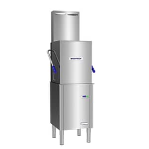 Washtech M1C passthrough dishwasher with heat condensing unit, 960 plates/hr, stainless steel – front view, Australia