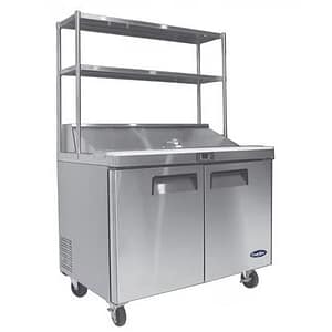 Atosa MSF8302OS 2-Door Sandwich Prep Fridge showcasing overshelf and durable stainless steel build, ideal for quick meal prep.