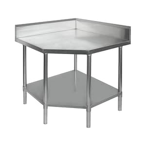 FED 0900-6-WBCB/H stainless steel corner workbench with 100mm splashback and undershelf – 900×900×900 mm, Australia