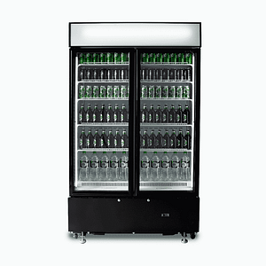 Bromic GM0900LBECO 885L upright 2-door display fridge, black, fan-forced cooling, LED lightbox – Australia