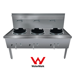 Gasmax WW-3LC stainless steel waterless LPG triple wok chimney burner, 1800mm, 345MJ/h – front view, Australia