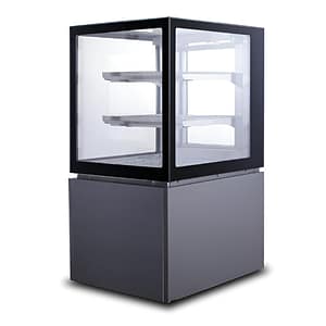 Anvil NDHV3740 385L 3 tier square glass hot display with black stainless steel body, warm lighting and rear sliding doors.