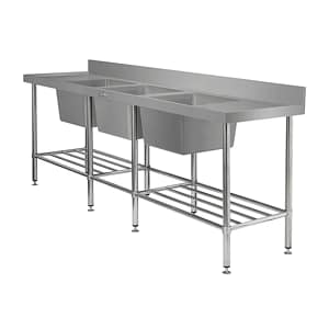 Simply Stainless SS24.2400.TB triple bowl sink bench with 2400mm stainless steel wet edge and 100mm splashback – Australia