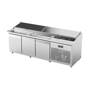 3-door pizza prep bench with refrigerated service well and GN pans.