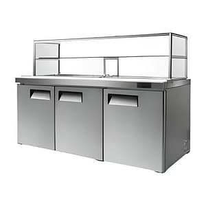 Atosa MSF8304G 3-Door Salad Bar Fridge showcasing glass canopy & energy-efficient cooling, ideal for cafes & delis.