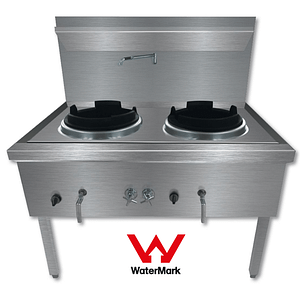Gasmax WW-2LC stainless steel waterless LPG double wok chimney burner, 1200mm, 230MJ/h – front view, Australia