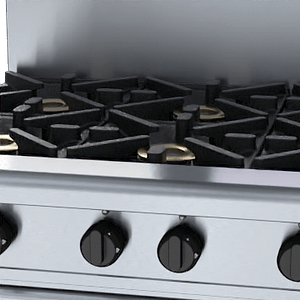 Professional-grade Waldorf RN8610GC featuring 6 open burners, stainless steel construction, flame failure protection, and GN2/1 gas convection oven. Designed for high-performance commercial use.
