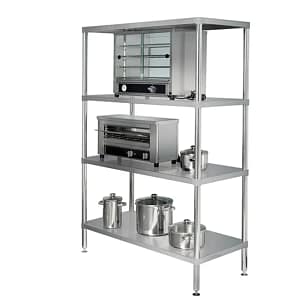 Simply Stainless SS17.0900SS 4 tier shelving, 900mm wide, stainless steel adjustable shelves – front view, Australia