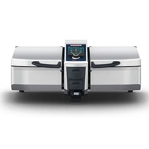 Rational iVario 2-XS multifunction cooking system with 2×17 L pans, 1100 mm wide, electric stainless steel – front view, Australia