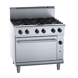 Professional-grade Waldorf RN8610GC featuring 6 open burners, stainless steel construction, flame failure protection, and GN2/1 gas convection oven. Designed for high-performance commercial use.