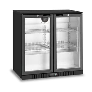 Atosa BB-208HEC double glass door compact back bar fridge, 208L capacity, black finish, 900mm wide – front view, Australia