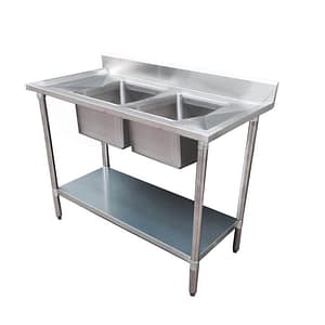 FED 2400-7-DSBC stainless steel double sink bench centre 2400×700×900 mm with splashback – front view Australia