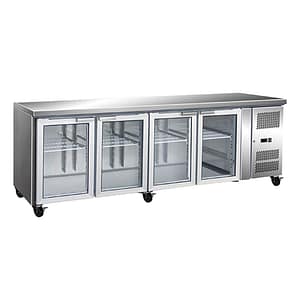 Thermaster GN4100TNG 4 glass door gastronorm bench fridge, 2230mm, fan-forced cooling, stainless steel – front view, Australia
