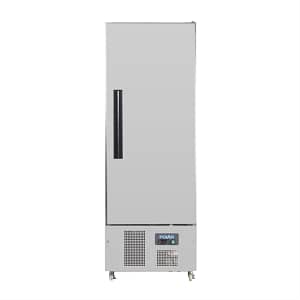 Polar G-Series G591-A slimline upright freezer 440L stainless steel, single self-closing door, fan-assisted cooling, R290 refrigerant – front view, Australia