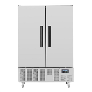 Polar GD879-A G-Series slimline upright fridge 960L stainless steel, double self-closing doors, fan-assisted cooling, R290 refrigerant – front view, Australia