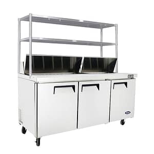 Atosa MSF8304OS 3-Door Sandwich Prep Fridge featuring overshelf & efficient refrigeration, ideal for sandwich shops and delis.