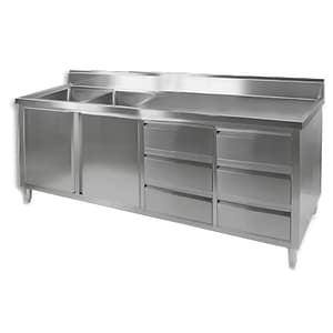 FED DSC-2100L-H stainless steel kitchen tidy cabinet with double left sinks, drawers, doors, and splashback, 2100mm wide – front view, Australia