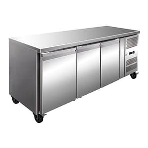 Thermaster GN3100TN tropicalised 3 door gastronorm bench fridge, 1795mm, fan-forced cooling, stainless steel – front view, Australia