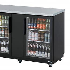 Turbo Air Super Deluxe Back Bar Cooler TBB-3SGD with glass doors and LED lighting.