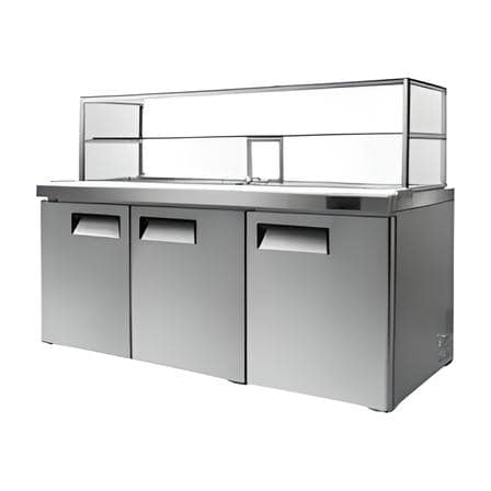 Atosa MSF8304G 3-Door Salad Bar Fridge showcasing glass canopy & energy-efficient cooling, ideal for cafes & delis.