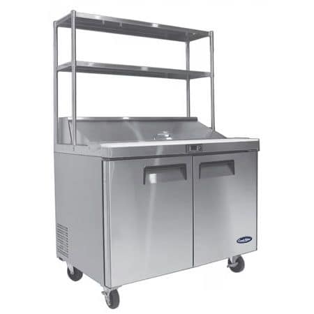 Atosa MSF8302OS 2-Door Sandwich Prep Fridge showcasing overshelf and durable stainless steel build, ideal for quick meal prep.