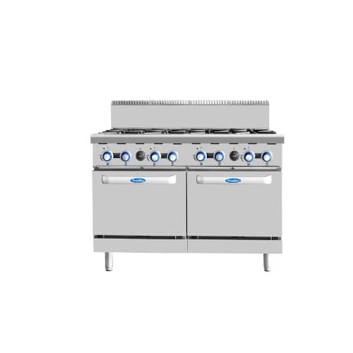 CookRite AT80G8B-O commercial 8 burner gas cooktop with static oven, compatible with LPG and natural gas
