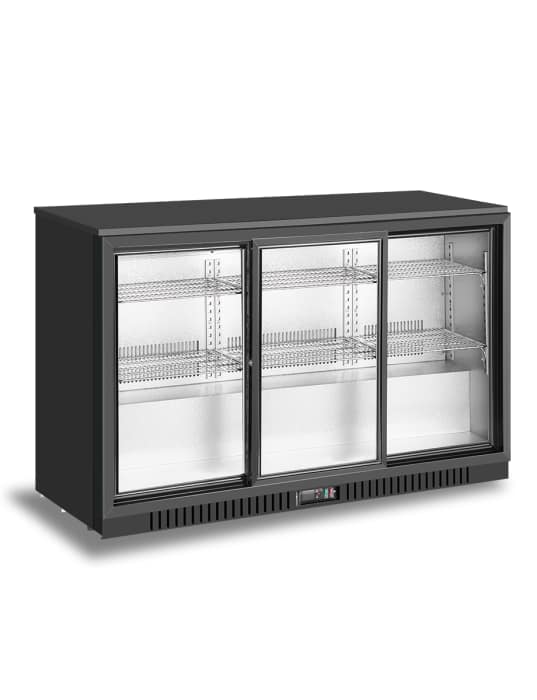 Atosa BB-330SEC 3-Sliding Door Back Bar Cooler showcasing 330L capacity, ideal for bars and restaurants