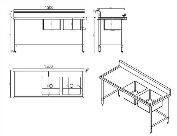 Kitchen Knock 631606 Double Right Sink Bench – 1500×700mm | 304 S/S - Image 2