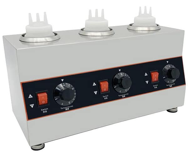 Kitchen Knock 620972 Triple Head Sauce Warmer showcasing 3 independent heating zones, ideal for dessert bars and commercial kitchens