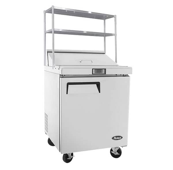 Atosa MSF8301OS 1-Door Sandwich Prep Fridge with overshelf, compact size perfect for small kitchens.