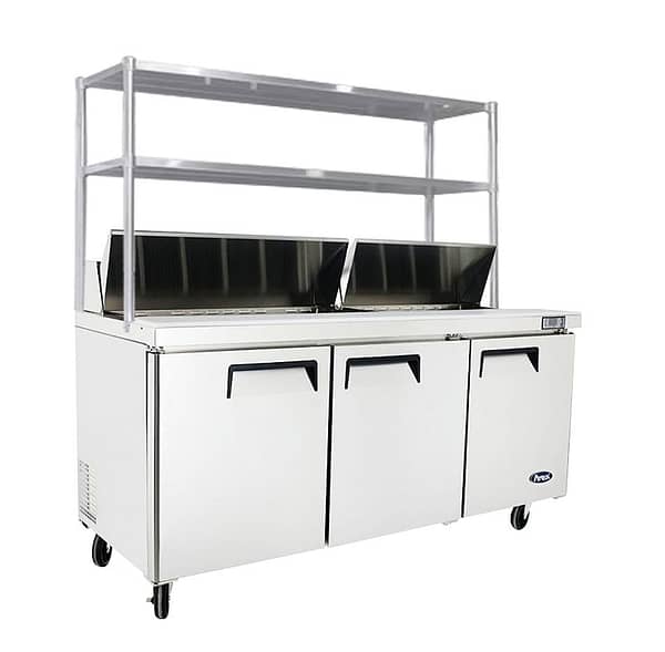 Atosa MSF8304OS 3-Door Sandwich Prep Fridge featuring overshelf & efficient refrigeration, ideal for sandwich shops and delis.
