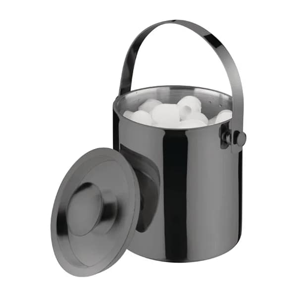 Olympia DR742 double walled ice bucket with lid, 1Ltr, stainless steel gunmetal finish – front view, Australia