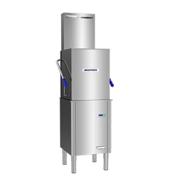 Washtech M1C passthrough dishwasher with heat condensing unit, 960 plates/hr, stainless steel – front view, Australia