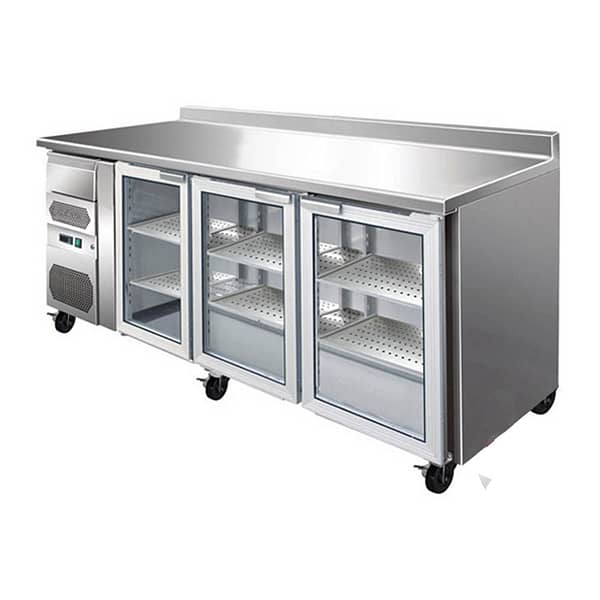 Thermaster CM20G tropicalised 3-door stainless steel bar fridge with splashback, ideal for commercial kitchens and bars