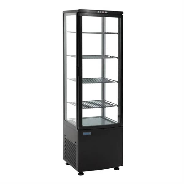 Polar CX573-A C-Series 235L curved glass display fridge, black finish, 4-sided visibility, R290 refrigerant – Australia