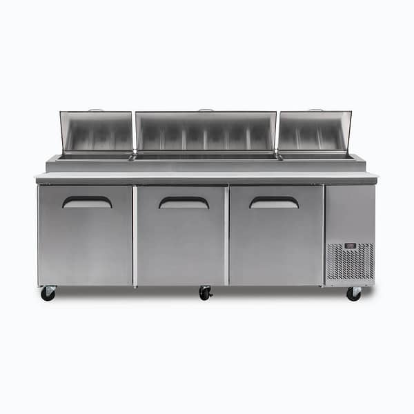 Bromic PP2370 Pizza Prep Fridge with 3 Solid Doors, 12 GN 1/3” Pans, and 480mm Removable Cutting Board