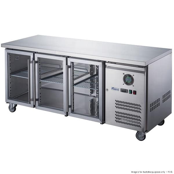 FED-X XUB7C18G3V Three Glass Door Stainless Bench Fridge – 417L, Fan Forced - Image 2