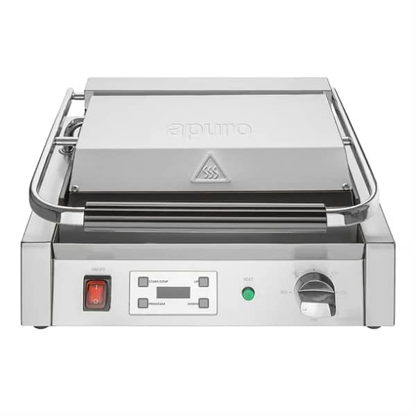 Apuro CU607-A large contact grill with flat plates and digital timer, 480mm, 2.2kW, stainless steel – front view, Australia