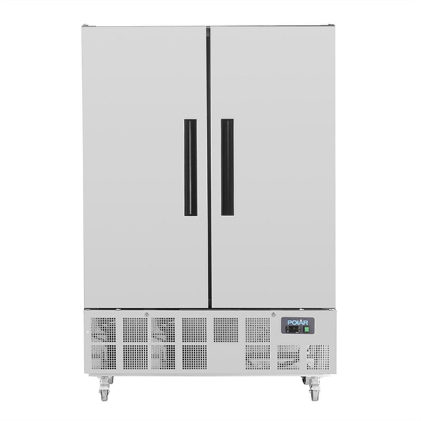Polar GD879-A G-Series slimline upright fridge 960L stainless steel, double self-closing doors, fan-assisted cooling, R290 refrigerant – front view, Australia