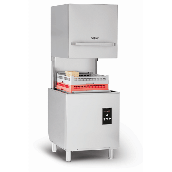 Asber GE-H500DD Pass-through Hood Dishwasher, High-Speed, 40 Racks/Hour, Stainless Steel