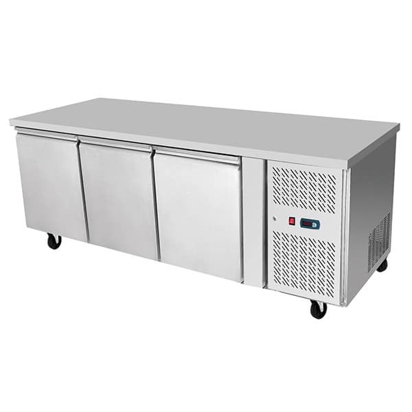 Atosa EPF3472 Three-Door Underbench Freezer Table showcasing stainless steel build, ideal for commercial kitchens