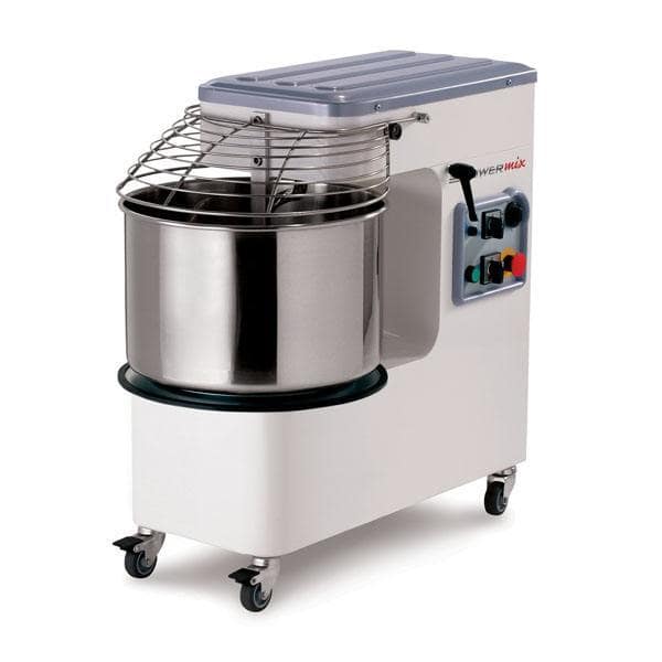 Mecnosud SMM0018 spiral mixer, tilting head, removable 20L bowl, 15kg dough capacity – stainless steel, Italy, front view