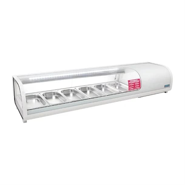 Polar GP296-A G-Series tapas and sushi display fridge, 62L, curved glass, stainless steel countertop – Australia