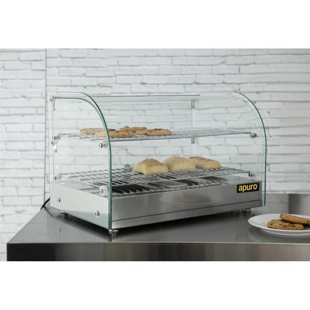 Apuro CK916-A Pastry Heated Showcase – 45L, Curved Glass, 2 Shelves, 800W - Image 4