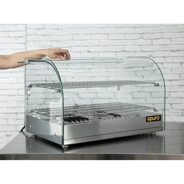Apuro CK916-A Pastry Heated Showcase – 45L, Curved Glass, 2 Shelves, 800W - Image 5