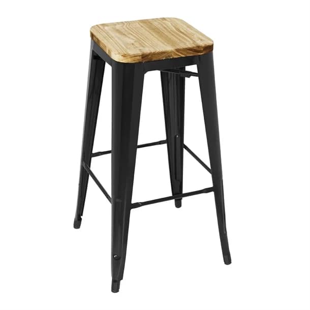 Bolero GM640 Bistro Metal High Bar Stool Black with Ash Wood Seat Pad, 760mm, Pack of 4