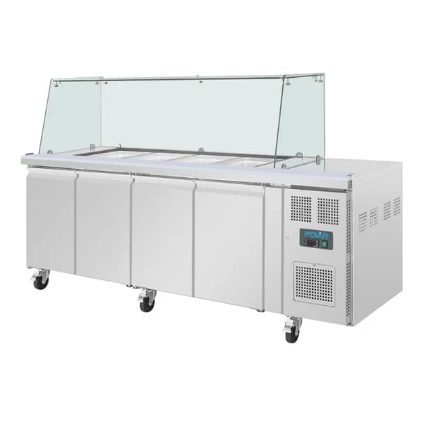 Polar UA019-A U-Series 4-Door GN Saladette Counter, Square Sneeze Guard, 476L, Stainless Steel